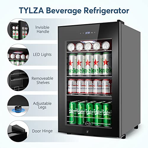 Tylza Mini Beverage Refrigerator Freestanding, 101 Cans Beverage Cooler with Glass Door, Mini Fridge for Soda, Water, Beer or Wine - For Home or Office with White Light, TYBC24