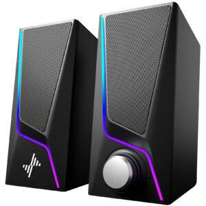 Computer Speakers, PC Speakers with 6 Colorful LED Modes, USB Powered Computer Speakers for Desktop with 2 Bass-Boost Ports, 2 Speaker Units and 3.5mm Aux-in Cable for PC, Laptop, Tablet, Phone