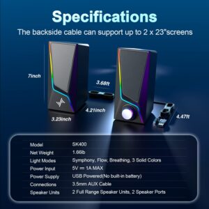 Computer Speakers, PC Speakers with 6 Colorful LED Modes, USB Powered Computer Speakers for Desktop with 2 Bass-Boost Ports, 2 Speaker Units and 3.5mm Aux-in Cable for PC, Laptop, Tablet, Phone