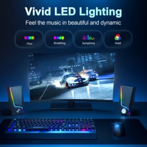 Computer Speakers, PC Speakers with 6 Colorful LED Modes, USB Powered Computer Speakers for Desktop with 2 Bass-Boost Ports, 2 Speaker Units and 3.5mm Aux-in Cable for PC, Laptop, Tablet, Phone