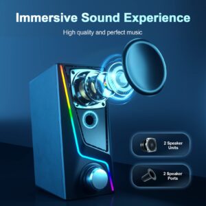 Computer Speakers, PC Speakers with 6 Colorful LED Modes, USB Powered Computer Speakers for Desktop with 2 Bass-Boost Ports, 2 Speaker Units and 3.5mm Aux-in Cable for PC, Laptop, Tablet, Phone