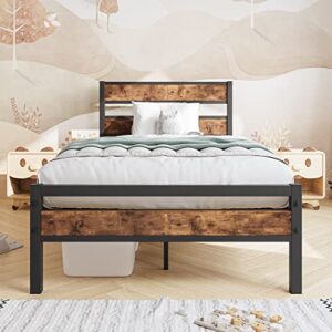hojinlinero twin bed frames with wood headboard,platform bed frame twin no box spring needed,heavy duty steel slats, more sturdy, noise-free,rustic brown
