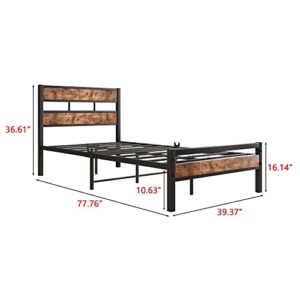 HOJINLINERO Twin Bed Frames with Wood Headboard,Platform Bed Frame Twin No Box Spring Needed,Heavy Duty Steel Slats, More Sturdy, Noise-Free,Rustic Brown