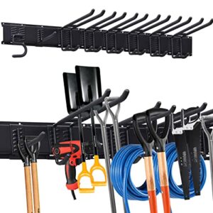 garage tool storage rack, 48 inch adjustable garage organizer wall mounted 11 pcs garage storage with 8 hooks, super heavy duty garden tool hanger for shovels, rake shovel yard tools，hold up to 450lbs