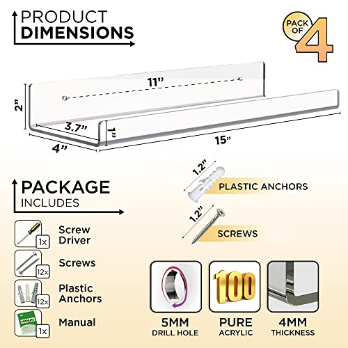 ACRADEC Acrylic Shelves for Wall Set of 4, 15” x 4” - Spacious Clear Shelves with Mounting Kit - Easy to Install, Versatile & Sturdy Shelfs - Funko Pop Shelves Perfect for Decoration & Storage