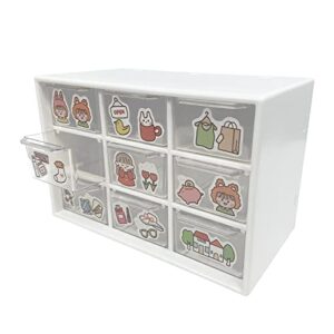 hmieprs mini plastic storage organizer and cute stickers, mini drawer organizer with 9 craft cases, desktop organizer clear acrylic storage box for handmade accessories or sundries (white)