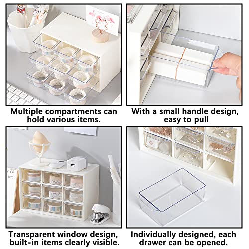 HMIEPRS Mini Plastic Storage Organizer and Cute Stickers, Mini Drawer Organizer with 9 Craft Cases, Desktop Organizer Clear Acrylic Storage Box for Handmade Accessories or Sundries (White)