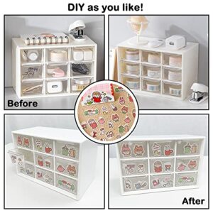 HMIEPRS Mini Plastic Storage Organizer and Cute Stickers, Mini Drawer Organizer with 9 Craft Cases, Desktop Organizer Clear Acrylic Storage Box for Handmade Accessories or Sundries (White)