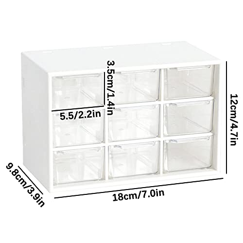 HMIEPRS Mini Plastic Storage Organizer and Cute Stickers, Mini Drawer Organizer with 9 Craft Cases, Desktop Organizer Clear Acrylic Storage Box for Handmade Accessories or Sundries (White)