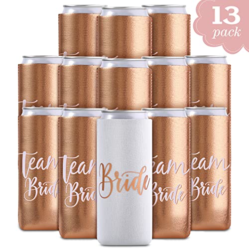 Bachelorette Slim Can Cooler Sleeves for Bridal Party 13 Pcs Bride Can Cooler Skinny Can Sleeves for Bachelorette Party Favor Bridal Shower Wedding Party Favors