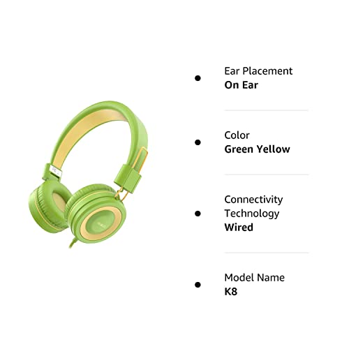 NIVAVA Kids Headphones, K8 Wired Headphones for Kids with Adjustable Headband 3.5 MM Jack for School, Foldable On-Ear Headset for Girls Boys Kindle Tablet Cellphones Airplane Travel (Green Yellow)