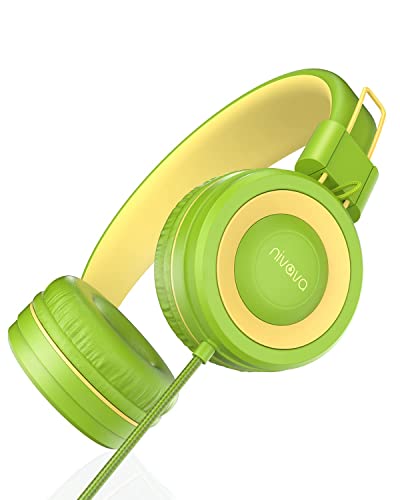 NIVAVA Kids Headphones, K8 Wired Headphones for Kids with Adjustable Headband 3.5 MM Jack for School, Foldable On-Ear Headset for Girls Boys Kindle Tablet Cellphones Airplane Travel (Green Yellow)