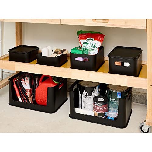 iDesign Recycled Plastic Large Open Front Handles, Set of 2 – Stackable Bins for Garage Organization and Storage, 11.9” x 16.9” x 8”, Matte Black