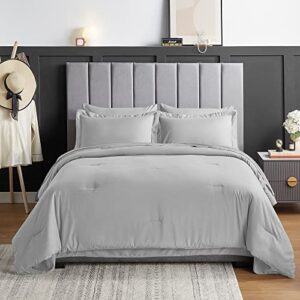 qsteheml queen comforter set 7 pieces, solid color light grey queen bedding sets, soft queen bed in a bag with comforter, flat sheet, fitted sheet, pillow shams and pillowcases for all season