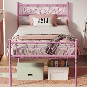elephance twin size bed frame with headboard and footboard, metal platform bed frame with 14 inch storage space mattress foundation no box spring needed for girl pink
