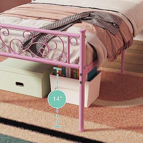 Elephance Twin Size Bed Frame with Headboard and Footboard, Metal Platform Bed Frame with 14 Inch Storage Space Mattress Foundation No Box Spring Needed for Girl Pink