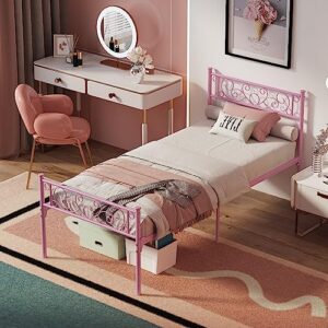 Elephance Twin Size Bed Frame with Headboard and Footboard, Metal Platform Bed Frame with 14 Inch Storage Space Mattress Foundation No Box Spring Needed for Girl Pink