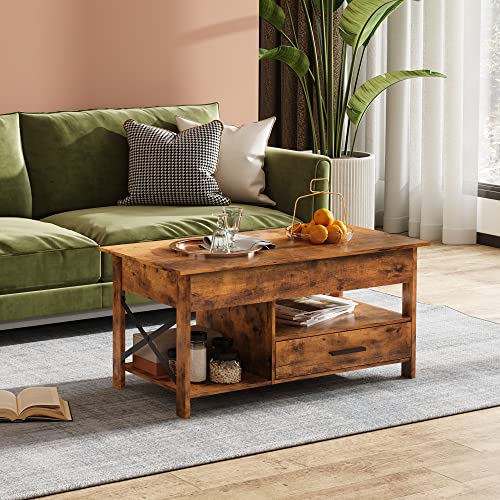 WLIVE Lift Top Coffee Table for Living Room,Coffee Table with Storage,Hidden Compartment and Metal Frame, Central Table for Reception Room,Rustic Brown