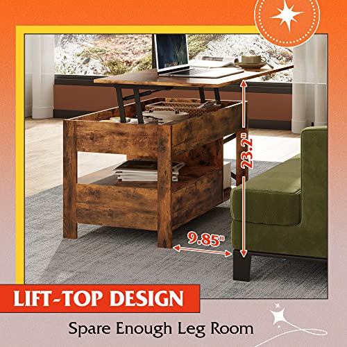 WLIVE Lift Top Coffee Table for Living Room,Coffee Table with Storage,Hidden Compartment and Metal Frame, Central Table for Reception Room,Rustic Brown