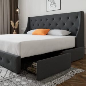 sha cerlin queen platform upholstered bed frame with 4 storage drawers and wingback headboard, diamond stitched button tufted design, no box spring needed, dark grey
