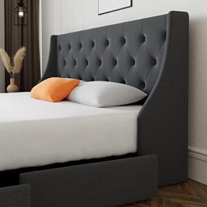 SHA CERLIN Queen Platform Upholstered Bed Frame with 4 Storage Drawers and Wingback Headboard, Diamond Stitched Button Tufted Design, No Box Spring Needed, Dark Grey