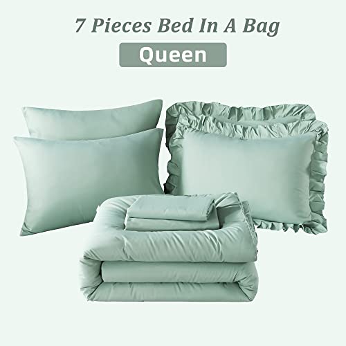 Andency Sage Green Comforter Set Queen, 7 Pieces Bed in A Bag Queen, All Season Bedding Comforter Set, Lightweight and Soft Microfiber Bed Set with Comforters, Sheets, Pillowcases & Shams