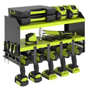 s skstyle power tool organizer - 5 drill holder, wall mount shelf, drill shelf, tool shelf, jobber bit workshop rack - premium garage storage & organization, cordless drill charging station, green