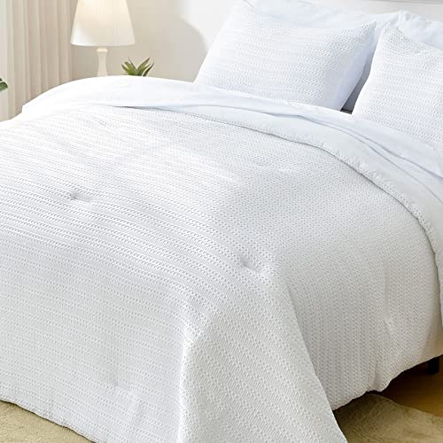 Newspin Queen Bed in a Bag - White Waffle Bedding Comforter Set for All Seasons, 7 Pieces Down Alternative Comforter Set with Comforter, Pillowcases, Flat Sheet, Fitted Sheet, Pillow Shams