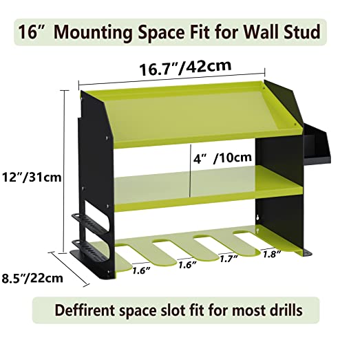 Luffioner Drill Storage Rack，Power Tool Organizer Drill Holder Wall Mount， Drill Organizer for Garage, Workshop,Drill Bit Storage Shlef, Holds 4 Drills with Screws Box Father's Day Gifts (Green)