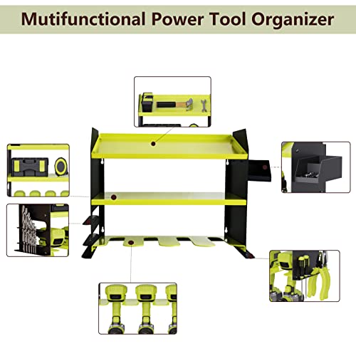 Luffioner Drill Storage Rack，Power Tool Organizer Drill Holder Wall Mount， Drill Organizer for Garage, Workshop,Drill Bit Storage Shlef, Holds 4 Drills with Screws Box Father's Day Gifts (Green)