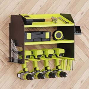 Luffioner Drill Storage Rack，Power Tool Organizer Drill Holder Wall Mount， Drill Organizer for Garage, Workshop,Drill Bit Storage Shlef, Holds 4 Drills with Screws Box Father's Day Gifts (Green)