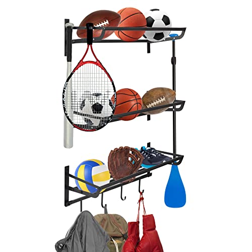 Lineslife Wall Mount Sports Equipment Storage Rack,3 Shelf Separate Garage Ball Organizer for School,Gym,Home