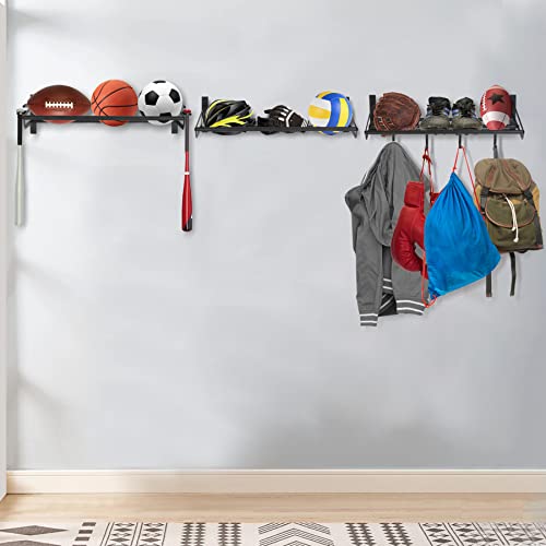 Lineslife Wall Mount Sports Equipment Storage Rack,3 Shelf Separate Garage Ball Organizer for School,Gym,Home