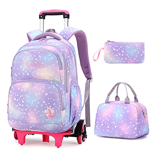 LANSHIYA 3Pcs Rolling Backpack for Girls Dream Princess Wind Bookbag with Wheels Travel Bag Trolley School Bag with Lunch Box Purple