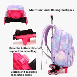 LANSHIYA 3Pcs Rolling Backpack for Girls Dream Princess Wind Bookbag with Wheels Travel Bag Trolley School Bag with Lunch Box Purple