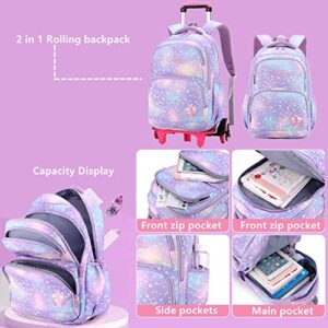 LANSHIYA 3Pcs Rolling Backpack for Girls Dream Princess Wind Bookbag with Wheels Travel Bag Trolley School Bag with Lunch Box Purple