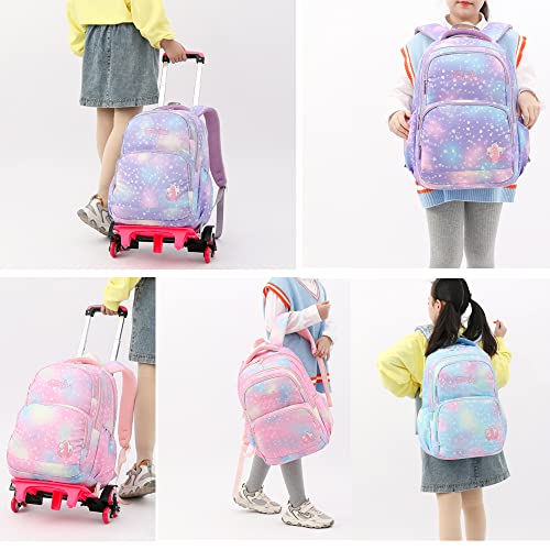 LANSHIYA 3Pcs Rolling Backpack for Girls Dream Princess Wind Bookbag with Wheels Travel Bag Trolley School Bag with Lunch Box Purple