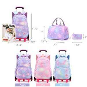 LANSHIYA 3Pcs Rolling Backpack for Girls Dream Princess Wind Bookbag with Wheels Travel Bag Trolley School Bag with Lunch Box Purple