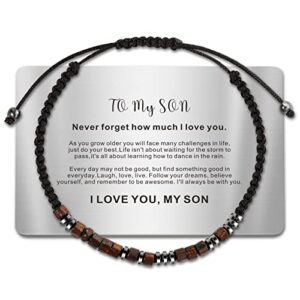tagomei to my son bracelet from mom, i love you morse code bracelet with engraved wallet card graduation gifts for son men boys, adjustable handmade mens beaded bracelets birthday anniversary gift