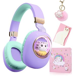 qearfun kids bluetooth headphones with mic, led light up cat over ear wireless headphones for ipad/tablet/pc/school, birthday gifts for girls/kids/toddler (purple)