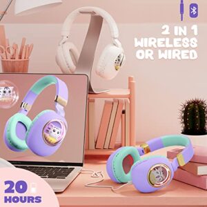 QearFun Kids Bluetooth Headphones with Mic, Led Light Up Cat Over Ear Wireless Headphones for iPad/Tablet/PC/School, Birthday Gifts for Girls/Kids/Toddler (Purple)