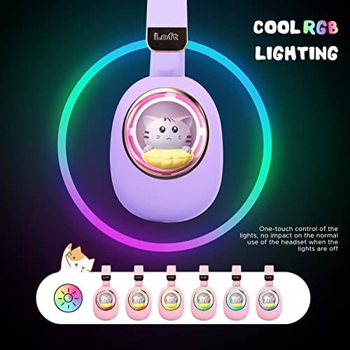 QearFun Kids Bluetooth Headphones with Mic, Led Light Up Cat Over Ear Wireless Headphones for iPad/Tablet/PC/School, Birthday Gifts for Girls/Kids/Toddler (Purple)