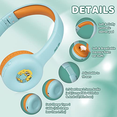 KO-STAR Kids Headphones, Wireless Bluetooth Headphones for Toddlers, 3.5mm Audio Green Headphones with Microphone, Foldable Noise Canceling Headphones for School/ipad/Kindle/Tablet/PC(Limited 85dB)