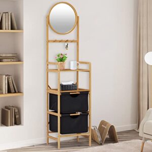 Kinfant Bamboo Standing Shelf Rack - Bathroom Shelf with Mirror and Drawer Hamper, Multifunctional Storage Rack, Natural