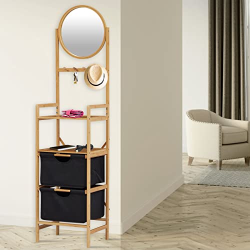 Kinfant Bamboo Standing Shelf Rack - Bathroom Shelf with Mirror and Drawer Hamper, Multifunctional Storage Rack, Natural