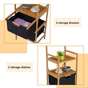 Kinfant Bamboo Standing Shelf Rack - Bathroom Shelf with Mirror and Drawer Hamper, Multifunctional Storage Rack, Natural