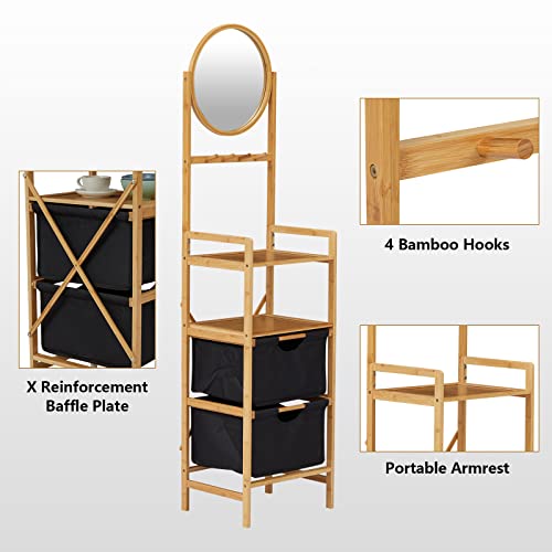 Kinfant Bamboo Standing Shelf Rack - Bathroom Shelf with Mirror and Drawer Hamper, Multifunctional Storage Rack, Natural