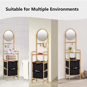 Kinfant Bamboo Standing Shelf Rack - Bathroom Shelf with Mirror and Drawer Hamper, Multifunctional Storage Rack, Natural