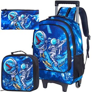 klfvb rolling backpack for boys, kids roller wheels school bookbag with lunch bag, wheeled school bag for children - dinosaur