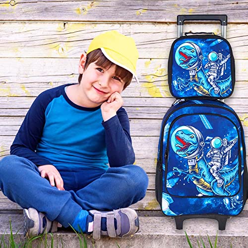 KLFVB Rolling Backpack for Boys, Kids Roller Wheels School Bookbag with Lunch Bag, Wheeled School Bag for Children - Dinosaur